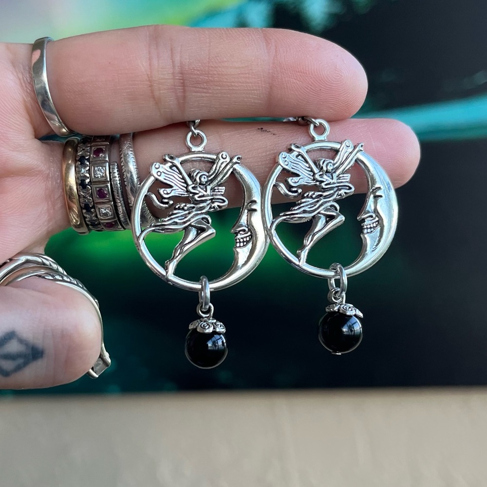 Set ! Fairy & moon dangly onyx gemstones beads necklace + matching earrings boho - Picture 2 of 12